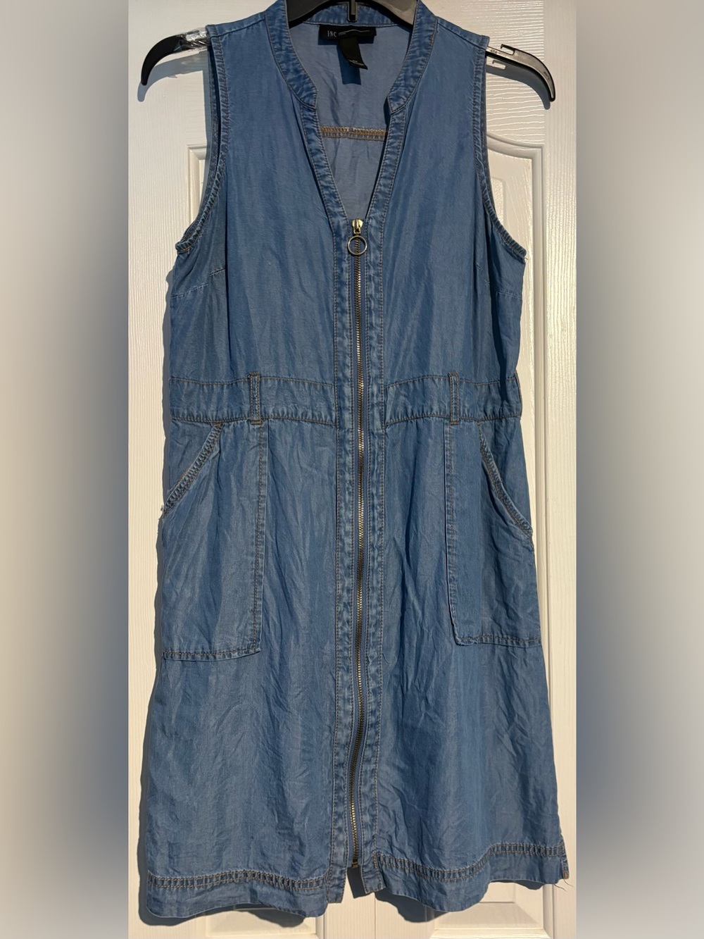 INC International Concepts Blue Denim Zip-Front Sleeveless Dress
